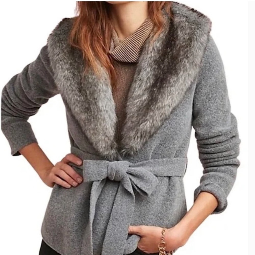 Ett Twa By Anthropologie Grey Cardigan Sweater Size L Faux Fur Collar